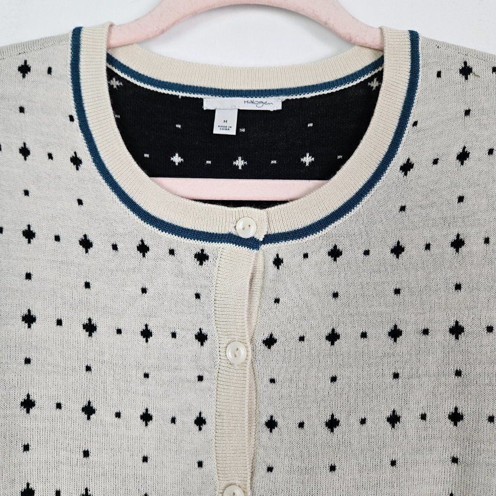 Halogen Cream Wool Cardigan with Black Geometric Pattern & Blue Trim - Picture 2 of 10